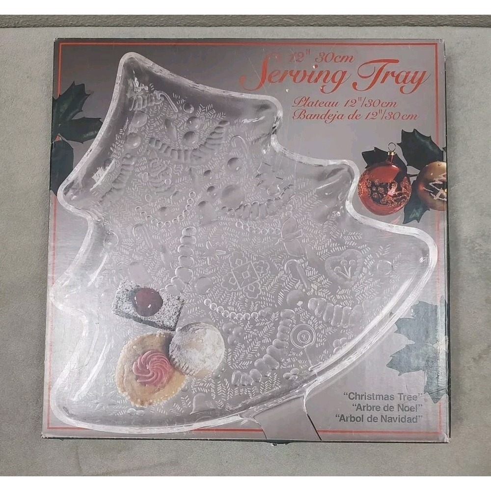 Indiana Glass Christmas Tree Serving Tray  12" Embossed Clear Glass with Box A11